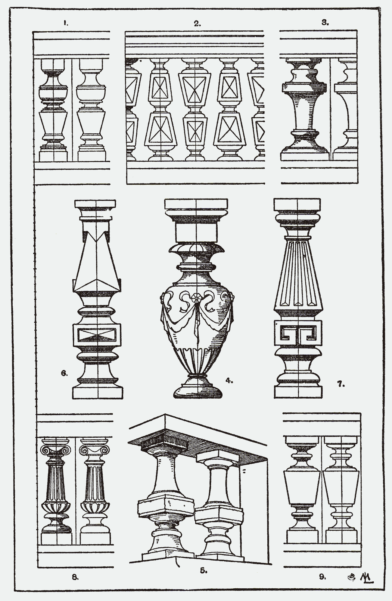 A Handbook of Ornamenteko orrialde bat, balaustre desberdinak erakusten dituena (Franz S. Meyer, 1898).