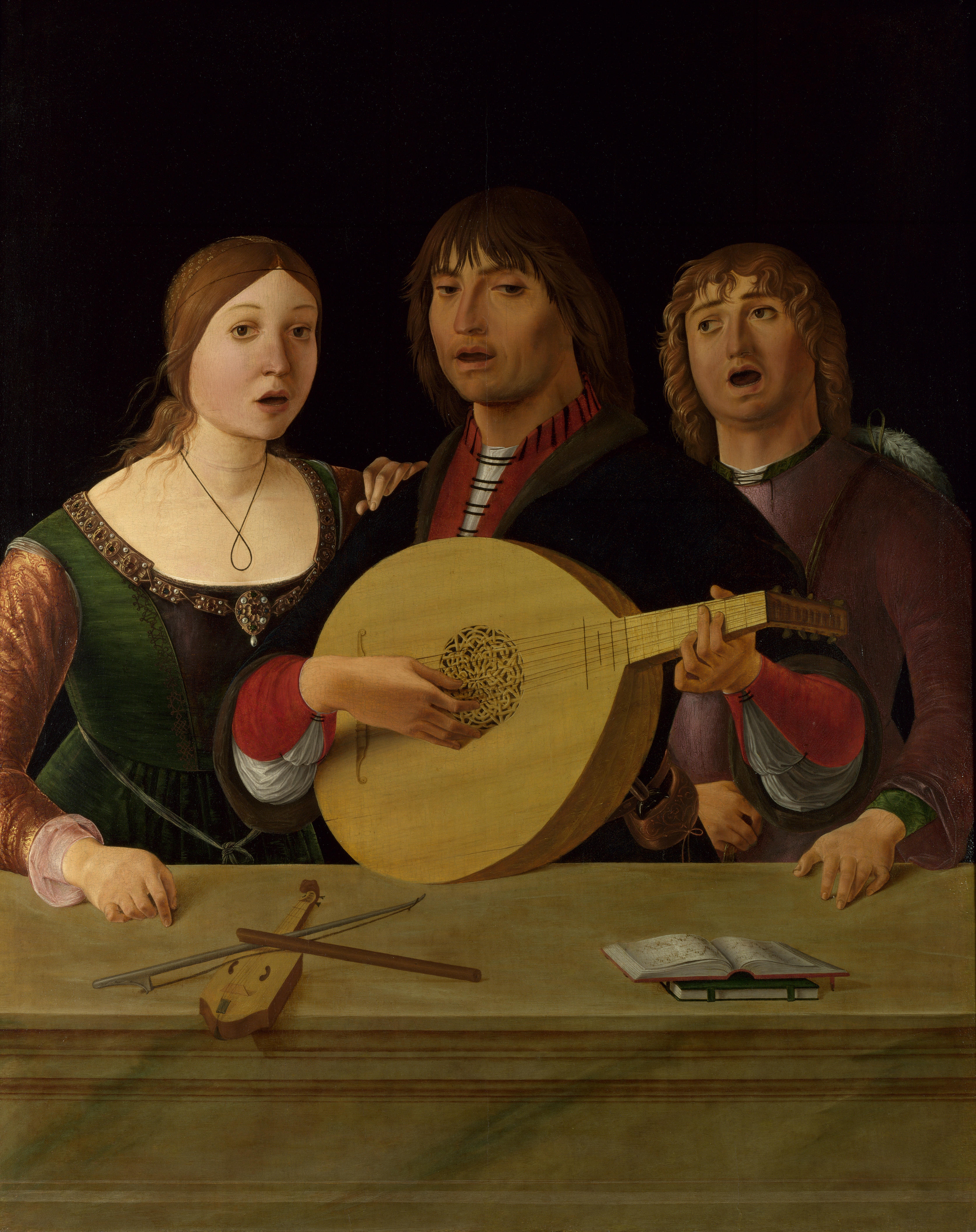 Hiru abeslari hirukote gisa abesti bat abesten, batek lautea jotzen duen bitartean. (Kontzertua, Lorenzo Costa, 1490).