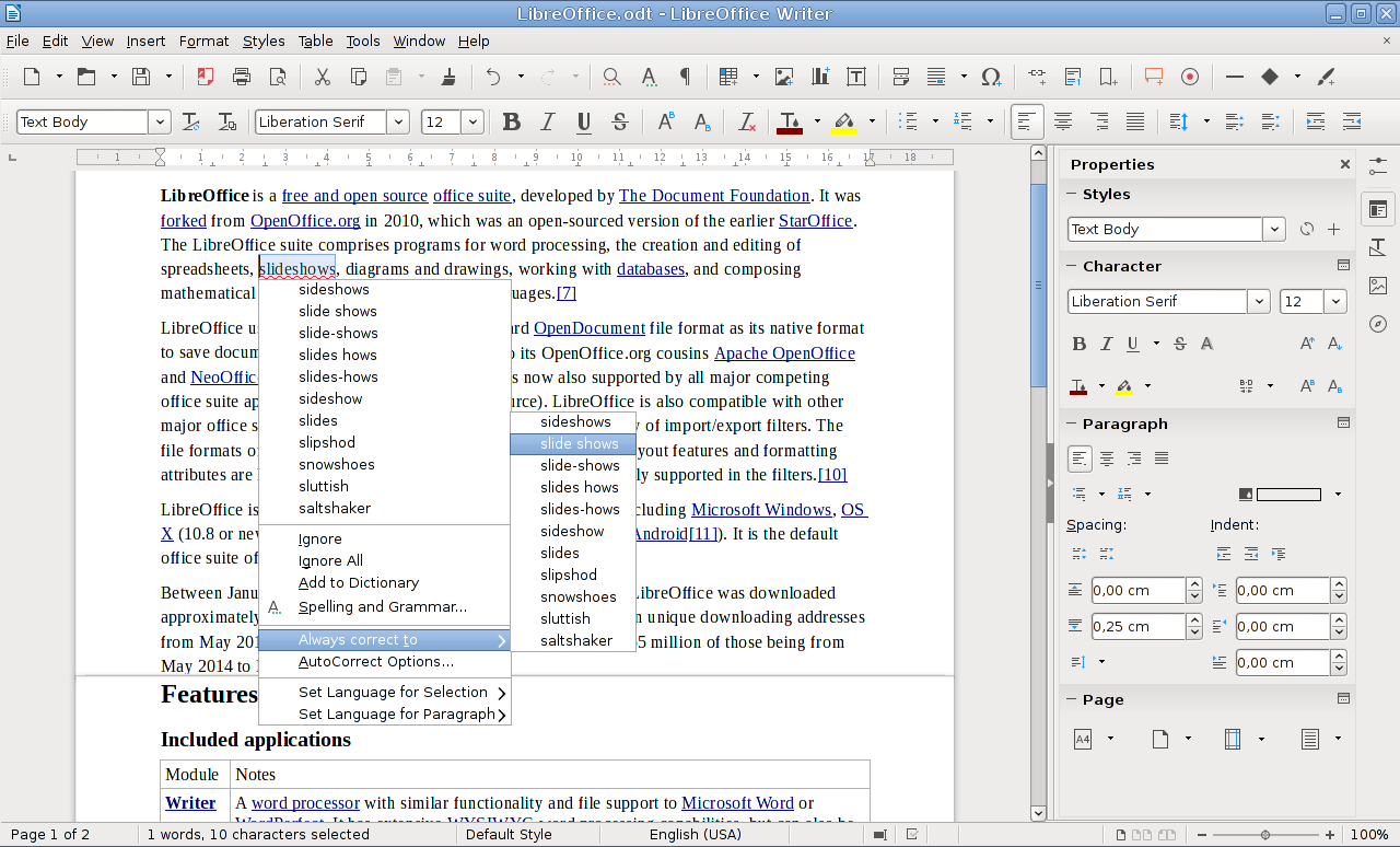 LibreOffice Writer aplikazioa.
